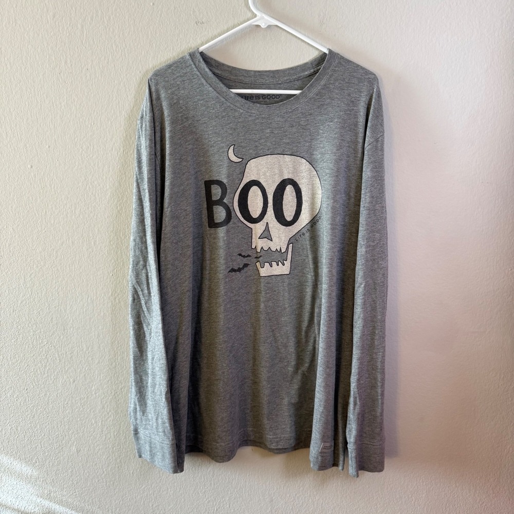 Life is Good Mens‎ XXL Gray Boo Skull Halloween Crusher Tee Long Sleeve Shirt